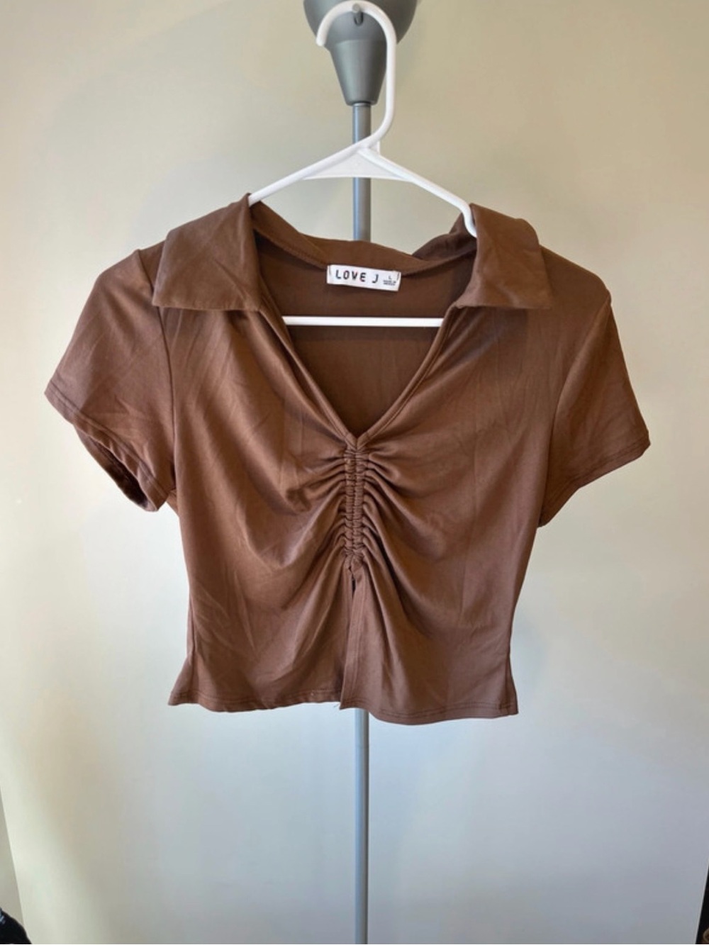 love J Brown Ruched V-Neck Collared Crop Top